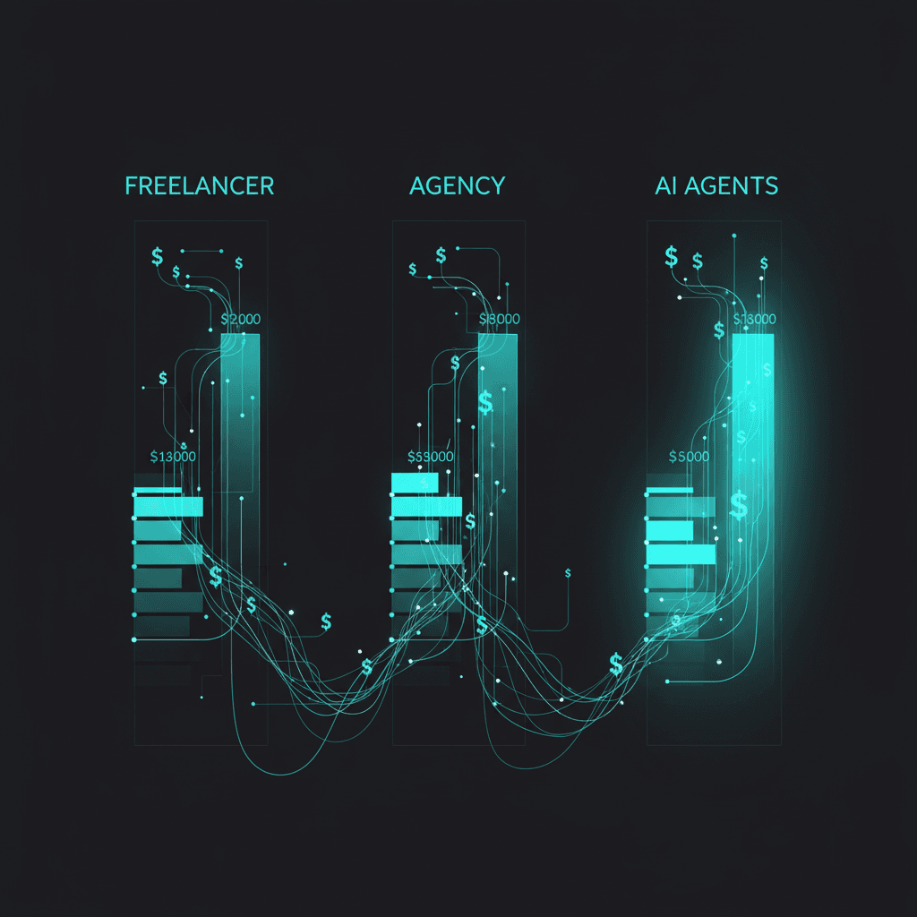 Dark visualization of AI marketing cost comparison with teal-highlighted columns for freelancer, agency, and AI agents