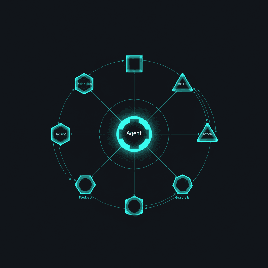Abstract visualization of an agentic engineering architecture with branching decision paths and feedback loops on dark background